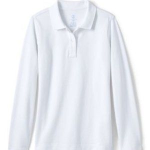 NWT LANDS' END GIRLS LONG SLEEVE FEMININE FIT MESH POLO SHIRT WHITE MEDIUM 10-12